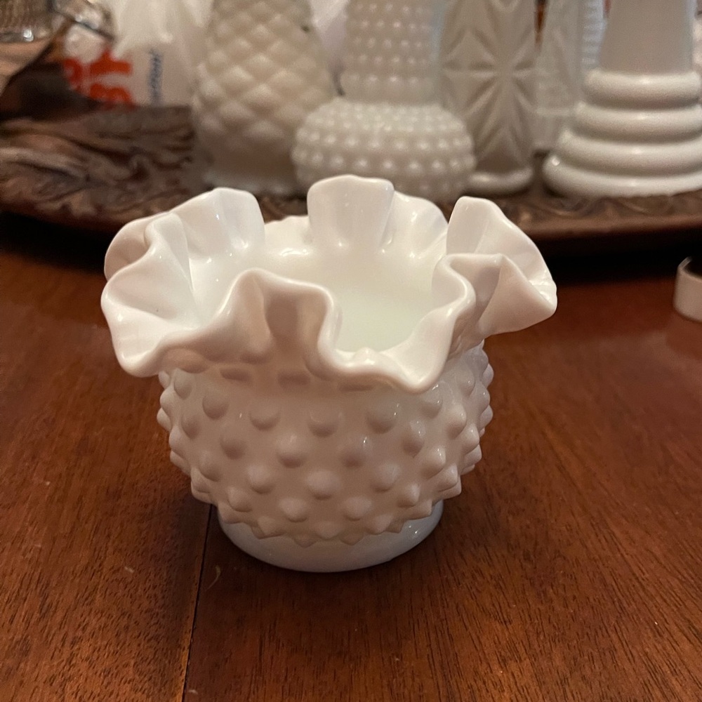 Vintage Fenton Milk Glass Ruffled Edge Hobnail Bonbon  3"h x 4"w EUC